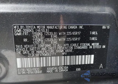 2019 Toyota Rav4 Le из США, поврежденный, VIN 2T3F1RFV7KW063111